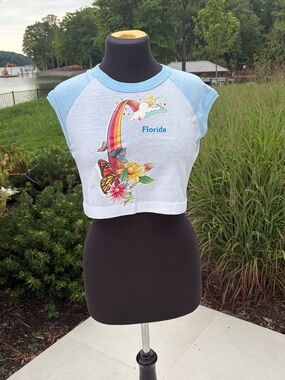 Vintage Florida Rainbow Butterfly Crop Tee Medium 70s Motel Vibe